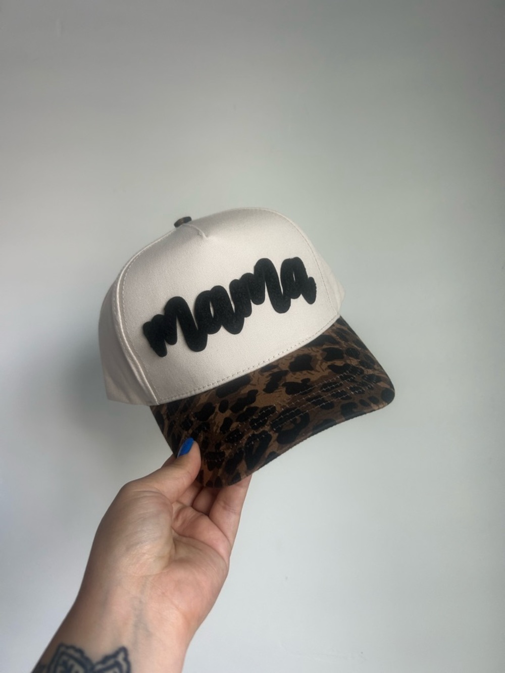 Mama Script Trucker Hat with Leopard Brim